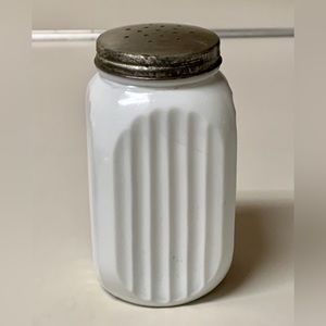 Vintage Metal Lidded Ribbed Milk Glass Large Salt/Pepper Shaker